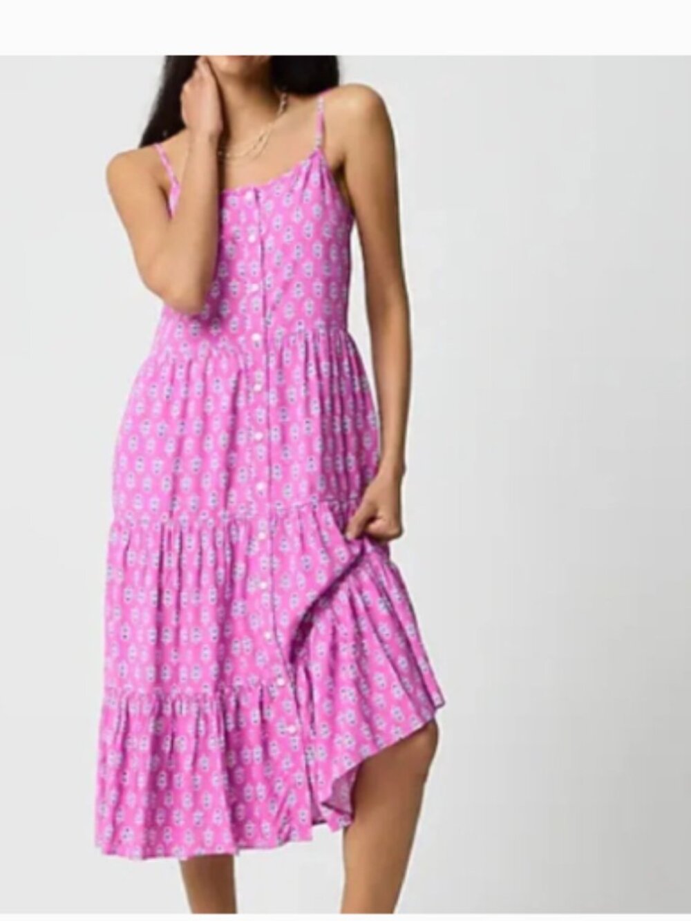 J. Crew Strappy Tiered Midi Dress in 'Festive Pink Baltic Blue' Size 6P - Picture 2 of 9